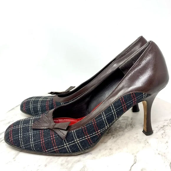 Isabella Fiori Tweed Wool Plaid Dainty Bow Pumps 10 Academia Retro Classic Fall - Picture 3 of 13